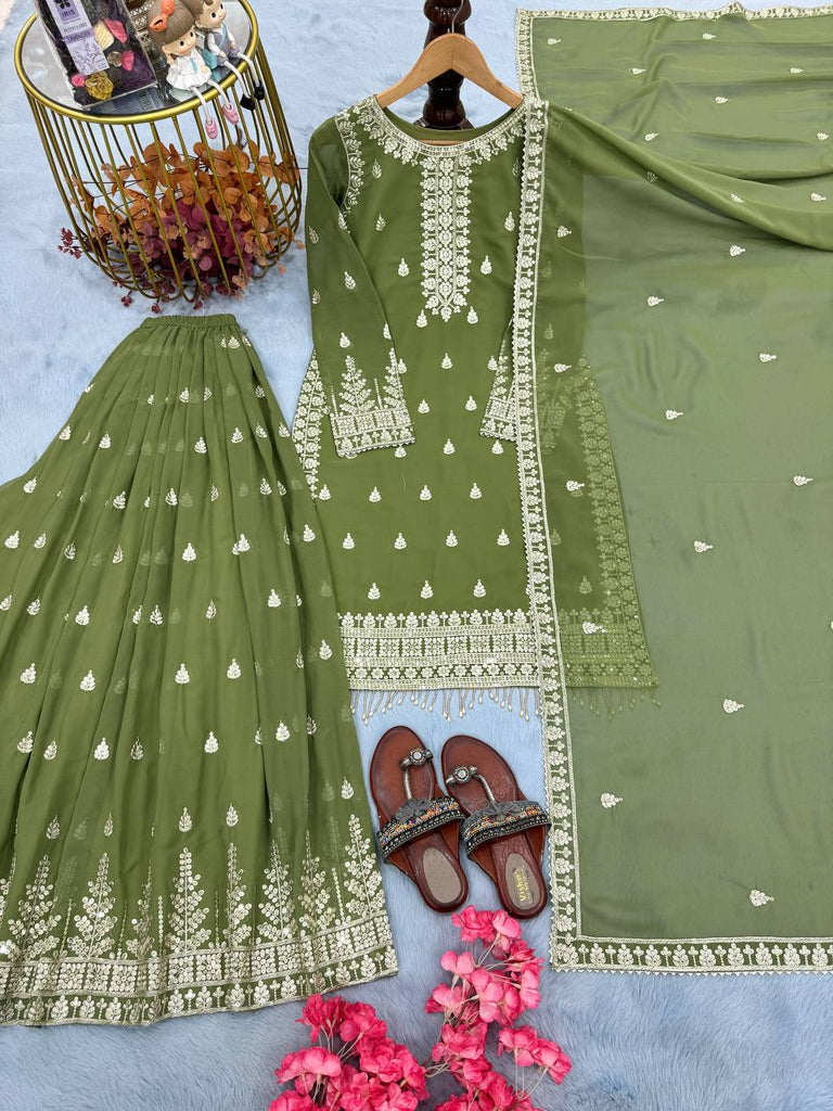 Pista Designer Heavy Faux Georgette Embroidered Plazzo Set with Dupatta ClothsVilla