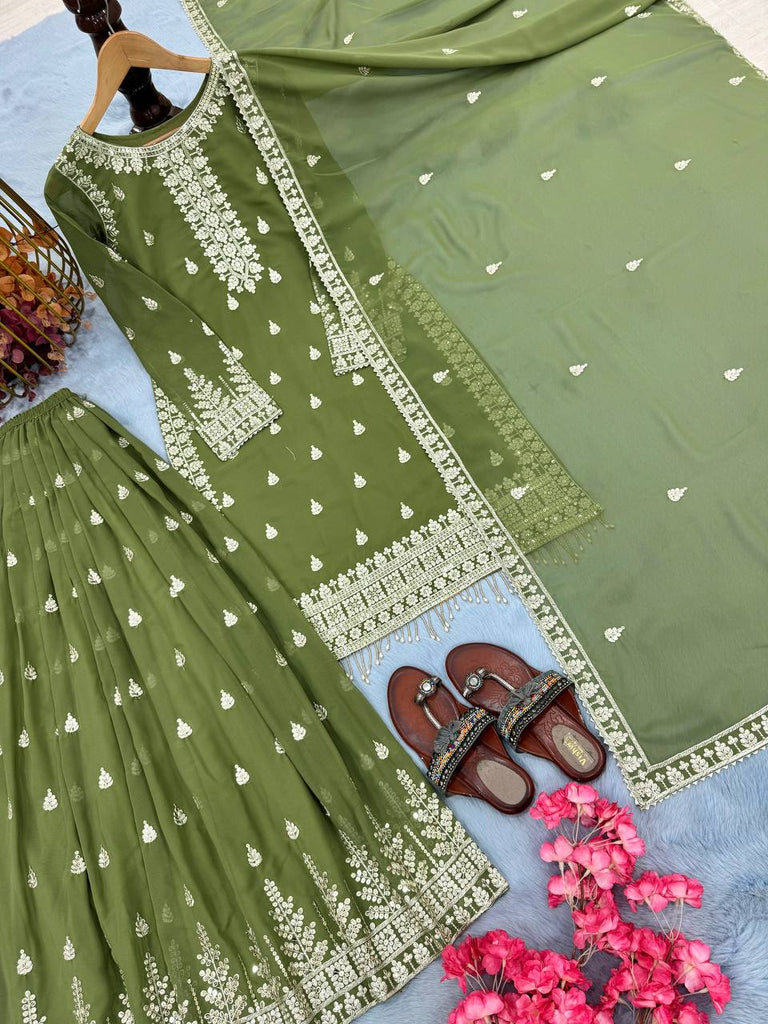 Pista Designer Heavy Faux Georgette Embroidered Plazzo Set with Dupatta ClothsVilla