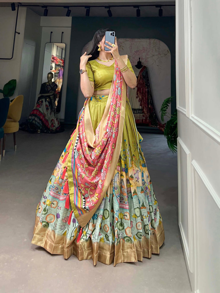 Alluring Pista Green Dola Silk Lehenga Choli with Enchanting Kalamkari Prints ClothsVilla
