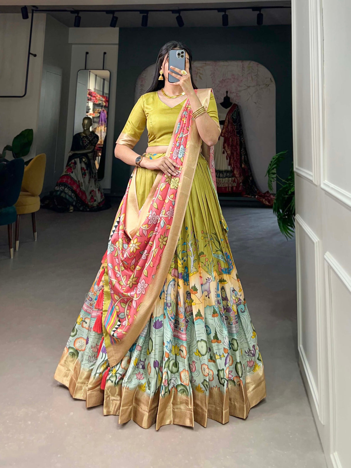 Alluring Pista Green Dola Silk Lehenga Choli with Enchanting Kalamkari Prints ClothsVilla Main image