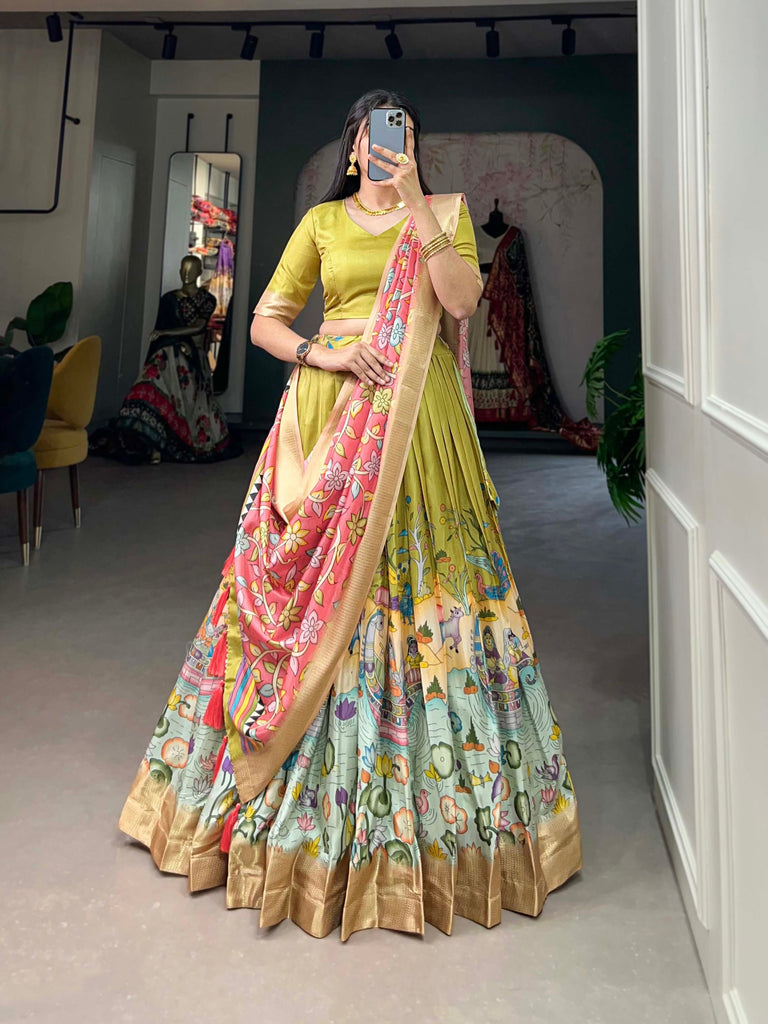 Alluring Pista Green Dola Silk Lehenga Choli with Enchanting Kalamkari Prints ClothsVilla