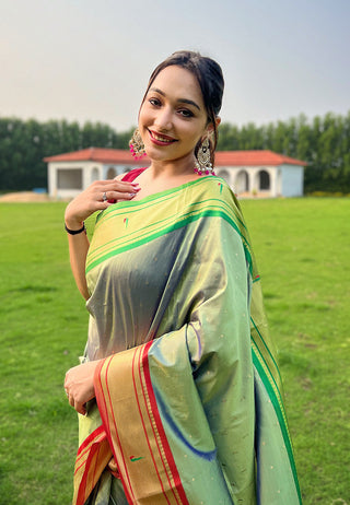 Pista Green Elegant Paithani Silk Saree with Jacquard Weaving ClothsVilla