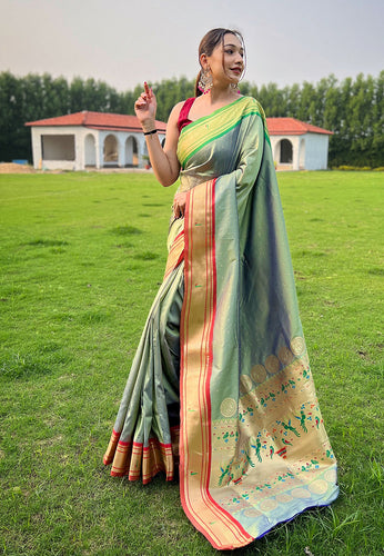 Pista Green Elegant Paithani Silk Saree with Jacquard Weaving ClothsVilla