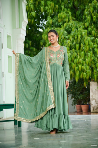 Pista Green Elegant Vichitra Silk Gown with Rich Zari & Thread Embroidery and Dupatta – Designer Full-Sleeve Frill Gown ClothsVilla