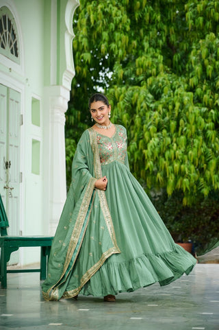 Pista Green Elegant Vichitra Silk Gown with Rich Zari & Thread Embroidery and Dupatta – Designer Full-Sleeve Frill Gown ClothsVilla