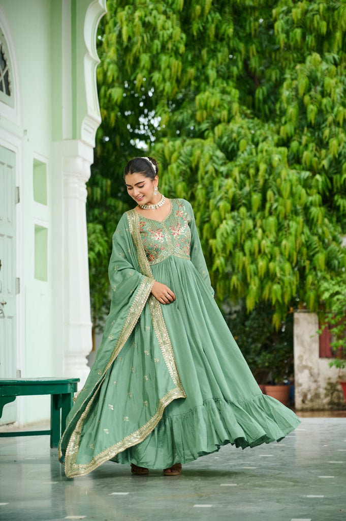 Pista Green Elegant Vichitra Silk Gown with Rich Zari & Thread Embroidery and Dupatta – Designer Full-Sleeve Frill Gown ClothsVilla