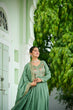 Load image into Gallery viewer, Pista Green Elegant Vichitra Silk Gown with Rich Zari &amp; Thread Embroidery and Dupatta – Designer Full-Sleeve Frill Gown ClothsVilla