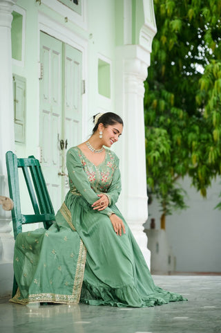 Pista Green Elegant Vichitra Silk Gown with Rich Zari & Thread Embroidery and Dupatta – Designer Full-Sleeve Frill Gown ClothsVilla