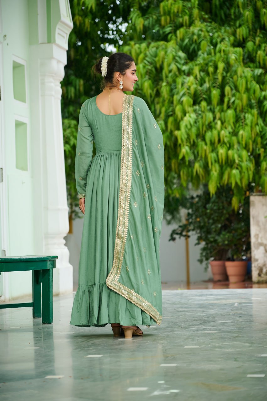 Pista Green Elegant Vichitra Silk Gown with Rich Zari & Thread Embroidery and Dupatta – Designer Full-Sleeve Frill Gown ClothsVilla