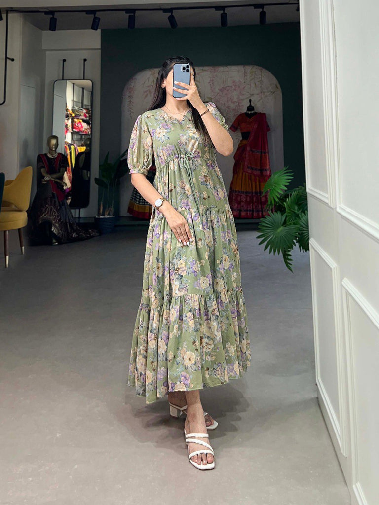 Pista Green Flower Fields Georgette Frock - Dreamy Florals for the Summer ClothsVilla