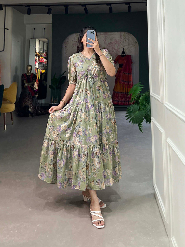 Pista Green Flower Fields Georgette Frock - Dreamy Florals for the Summer ClothsVilla