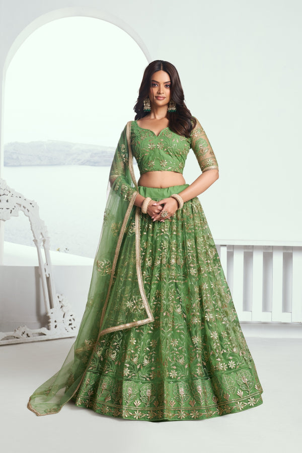 Pista Green Graceful  Butterfly Net Lehenga with Exquisite Embroidery