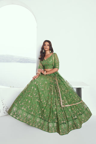 Pista Green Graceful  Butterfly Net Lehenga with Exquisite Embroidery