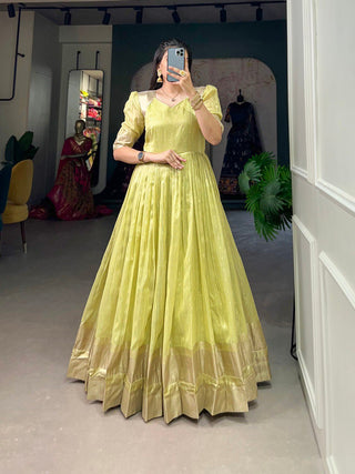 Pista Green Handwoven Khadi Organza Gown with Exquisite Zari Detailing ClothsVilla