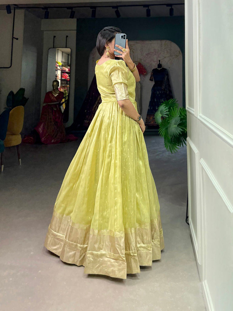 Pista Green Handwoven Khadi Organza Gown with Exquisite Zari Pista Green Handwoven Khadi Organza Gown with Exquisite Zari