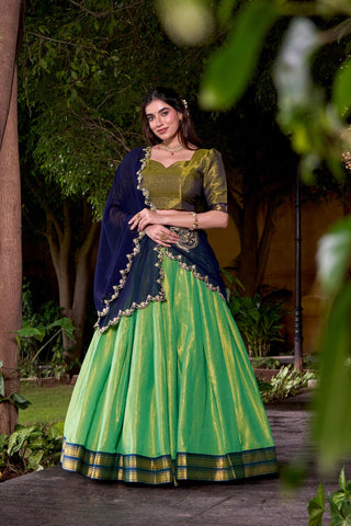 Pista Green Kanchipuram Zari Weaving Lehenga with Navy Blue Embroidered Georgette Dupatta ClothsVilla