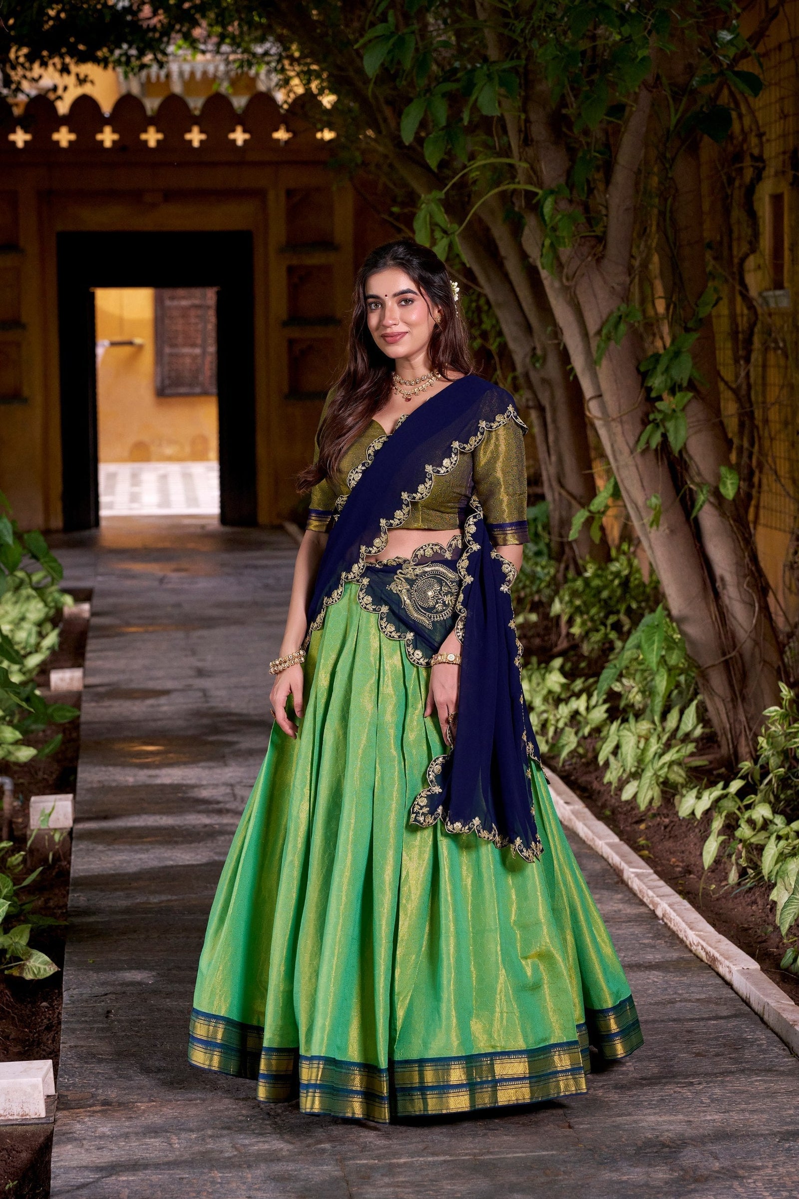 Pista Green Kanchipuram Zari Weaving Lehenga with Navy Blue Embroidered Georgette Dupatta ClothsVilla
