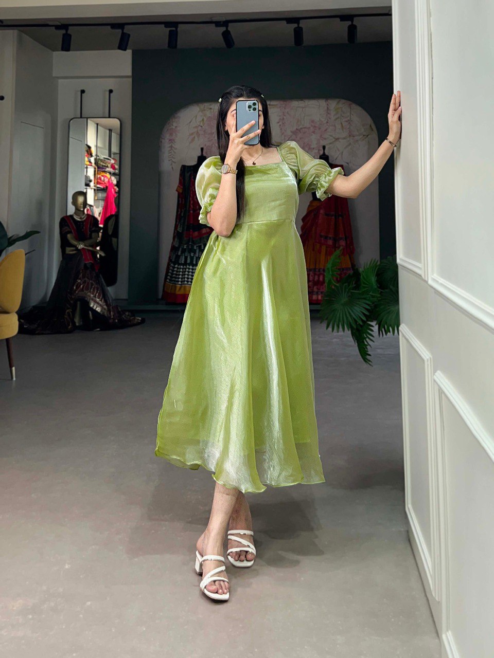 Pista Green Luxuriously Plain Burberry Silk Frock for Effortless Summer Elegance ClothsVilla