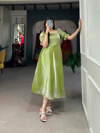 Pista Green Luxuriously Plain Burberry Silk Frock for Effortless Summer Elegance ClothsVilla