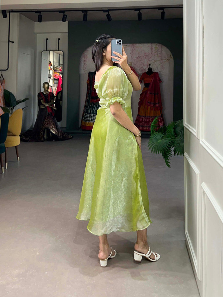 Pista Green Luxuriously Plain Burberry Silk Frock for Effortless Summer Elegance ClothsVilla