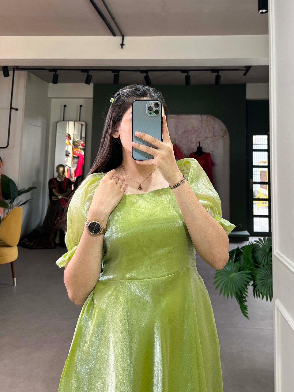 Pista Green Luxuriously Plain Burberry Silk Frock for Effortless Summer Elegance ClothsVilla