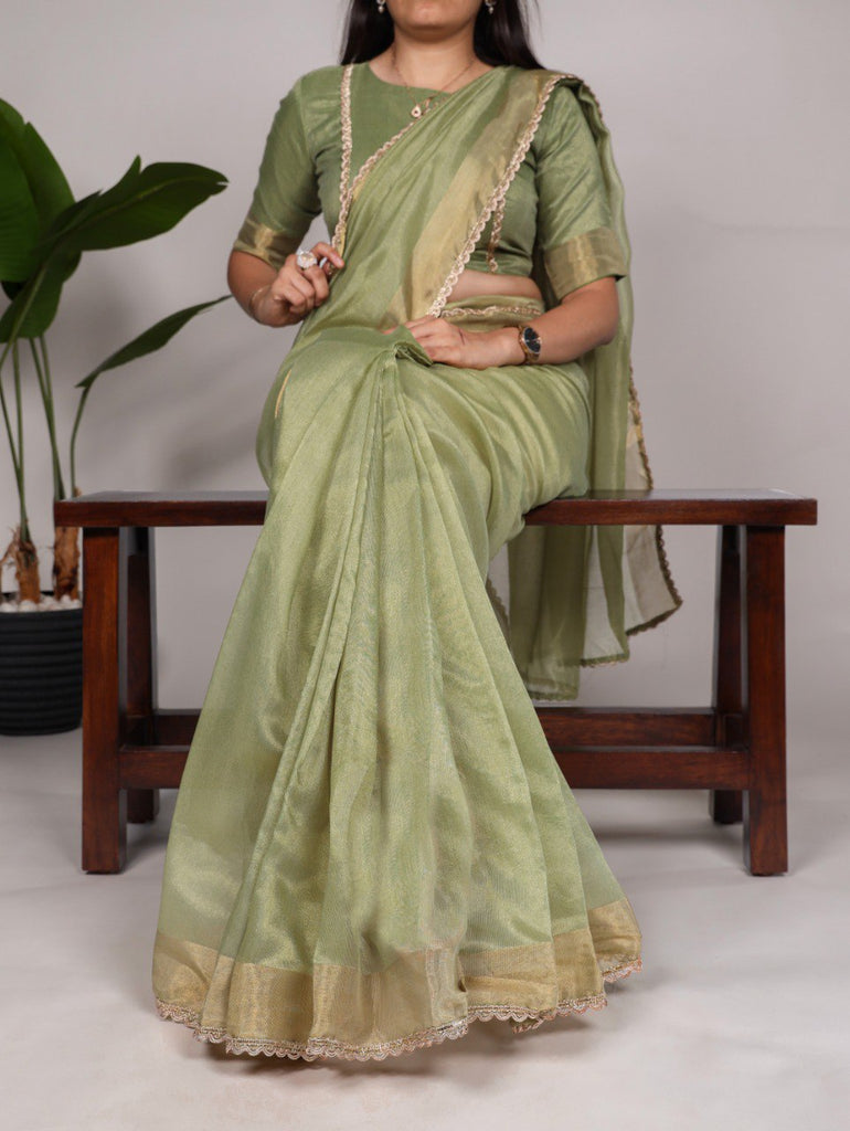 Pista Green Mannat Silk Saree with Zari Weaving & Lace Border