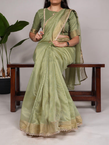 Pista Green Mannat Silk Saree with Zari Weaving & Lace Border ClothsVilla