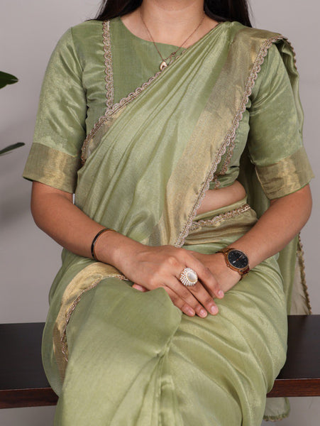 Suvarna Pista Green Dupion Silk Zari Weaving Work Half Saree Lehenga