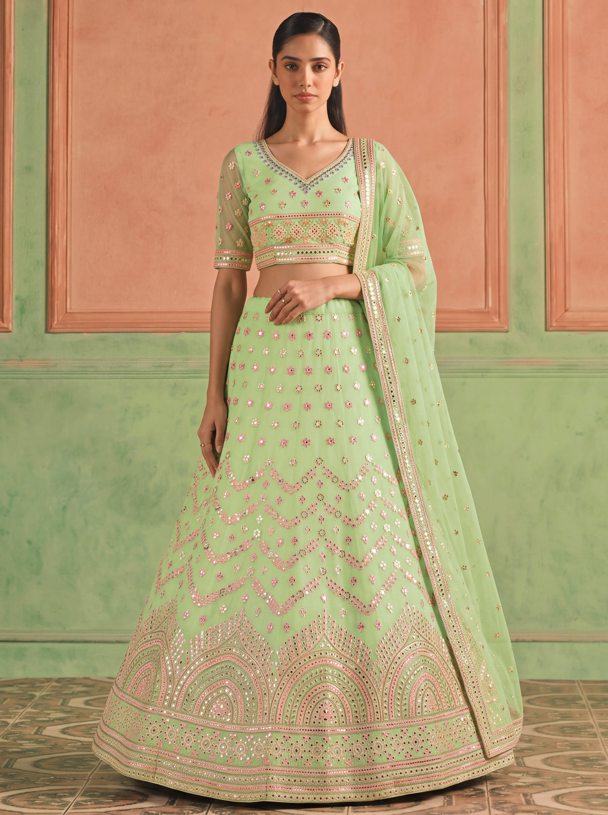 Pista Green Organza Embroidered Foil Mirror Work Lehenga Choli Clothsvilla