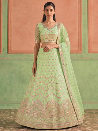 Pista Green Organza Embroidered Foil Mirror Work Lehenga Choli Clothsvilla