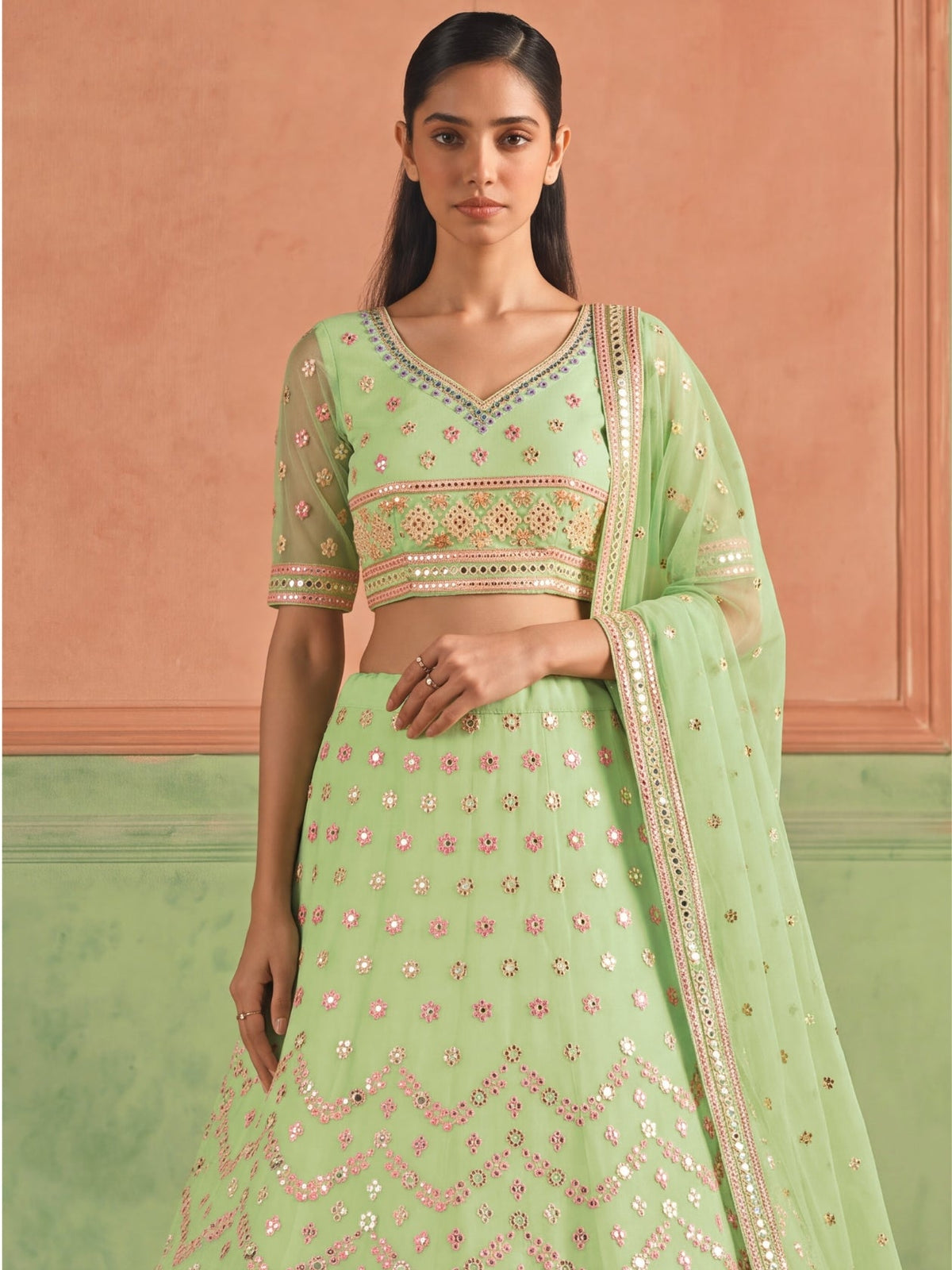Pista Green Organza Embroidered Foil Mirror Work Lehenga Choli Clothsvilla