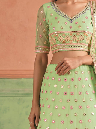 Pista Green Organza Embroidered Foil Mirror Work Lehenga Choli Clothsvilla