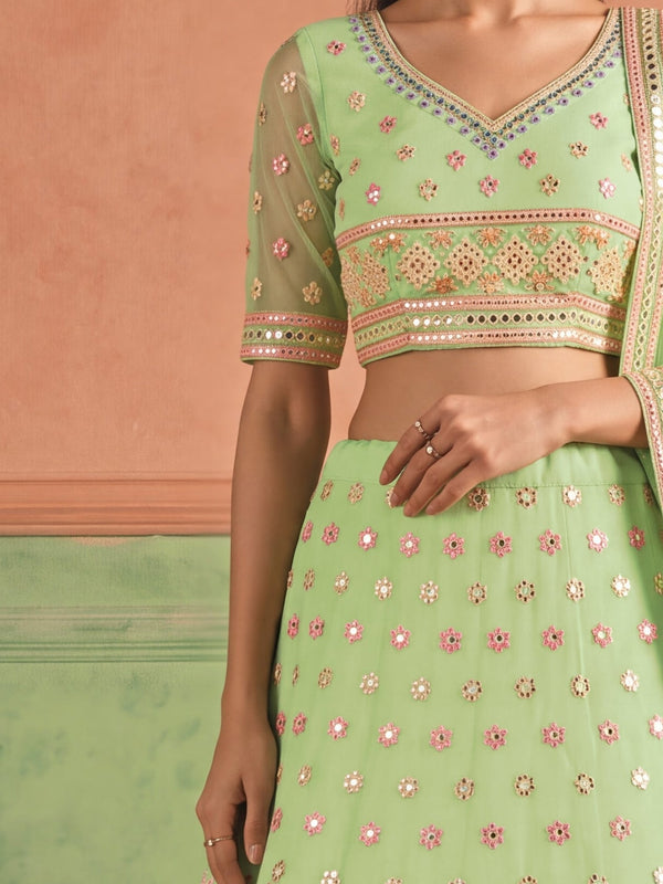 Pista Green Organza Embroidered Foil Mirror Work Lehenga Choli Clothsvilla