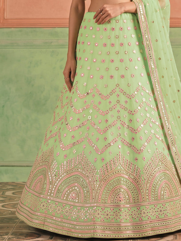 Pista Green Organza Embroidered Foil Mirror Work Lehenga Choli Clothsvilla