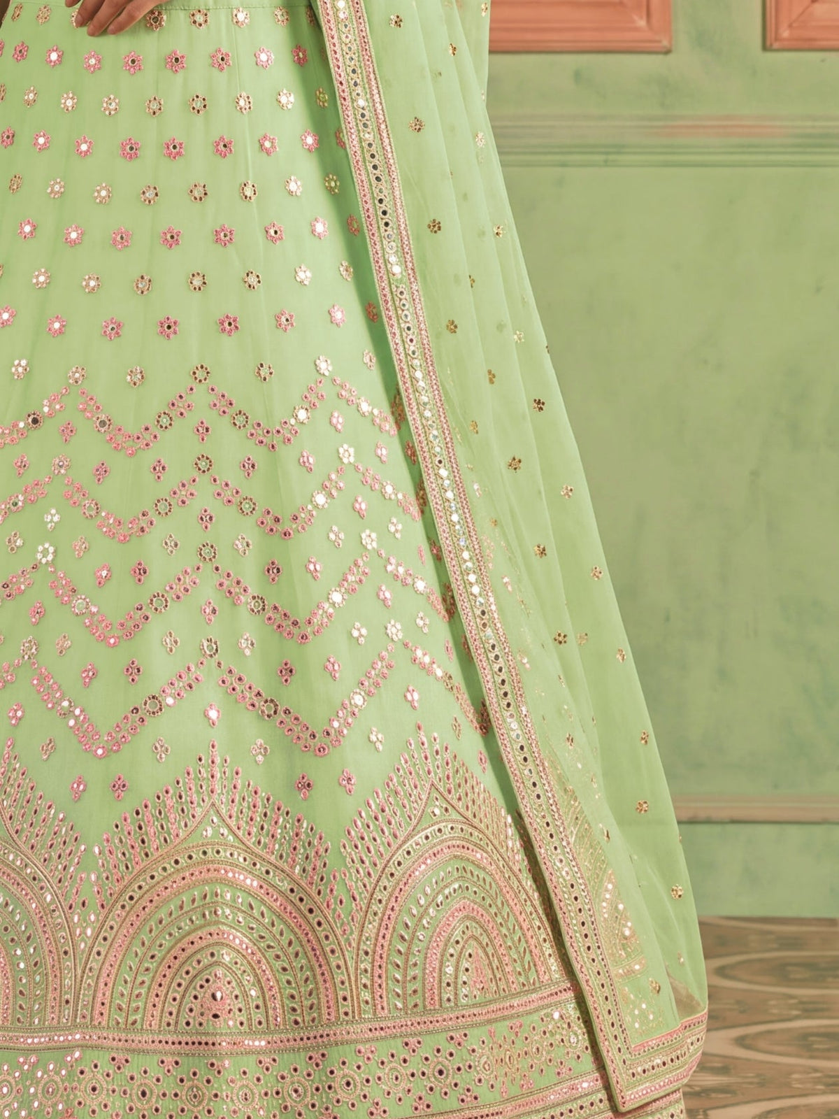 Pista Green Organza Embroidered Foil Mirror Work Lehenga Choli Clothsvilla