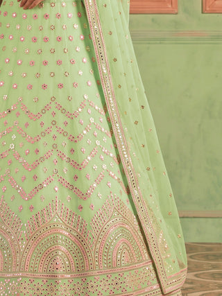 Pista Green Organza Embroidered Foil Mirror Work Lehenga Choli Clothsvilla