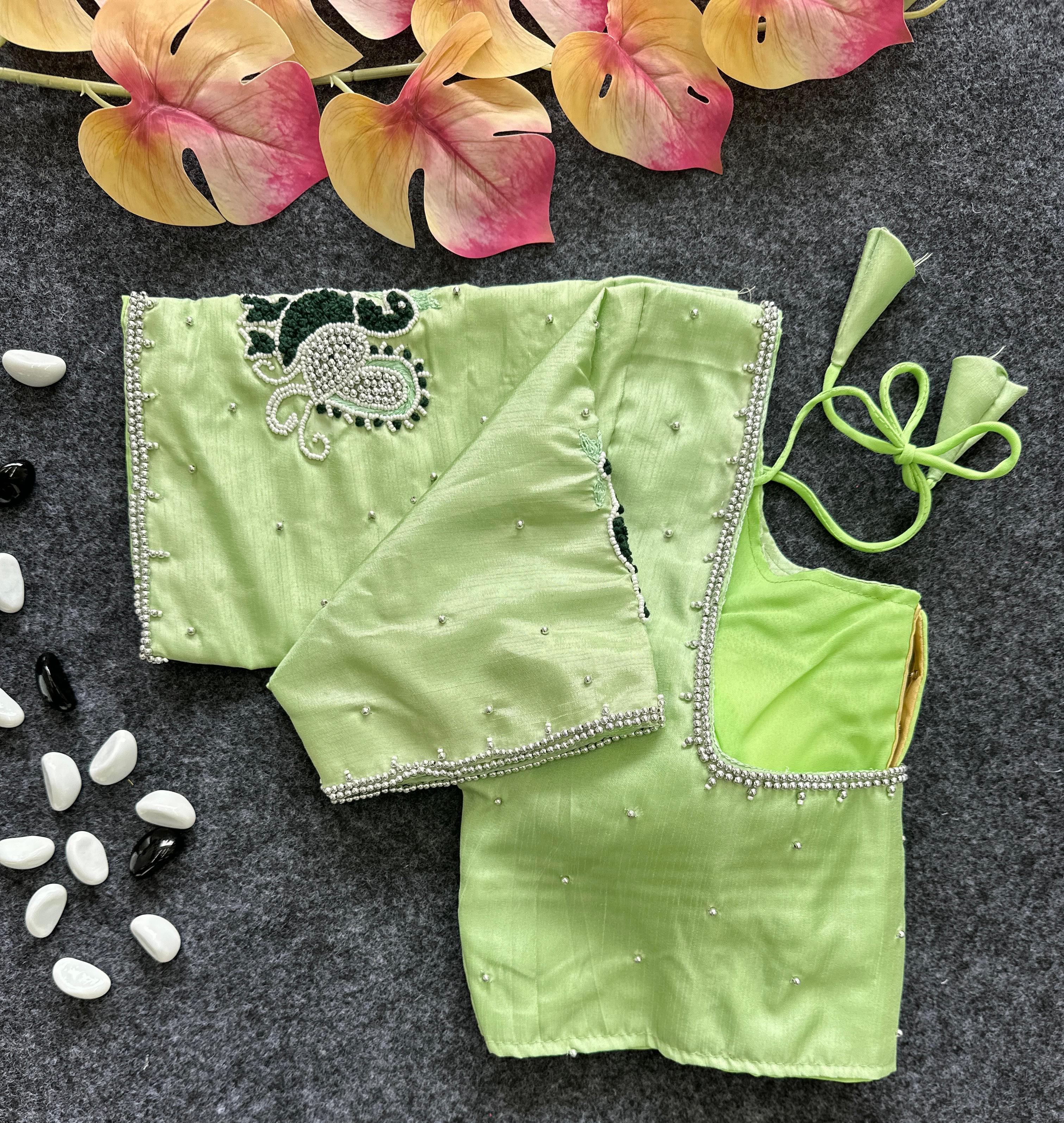 Pista Green Party Wear Blouse in Lemon Silk with Elegant Handwork and Knot Design Secondary image