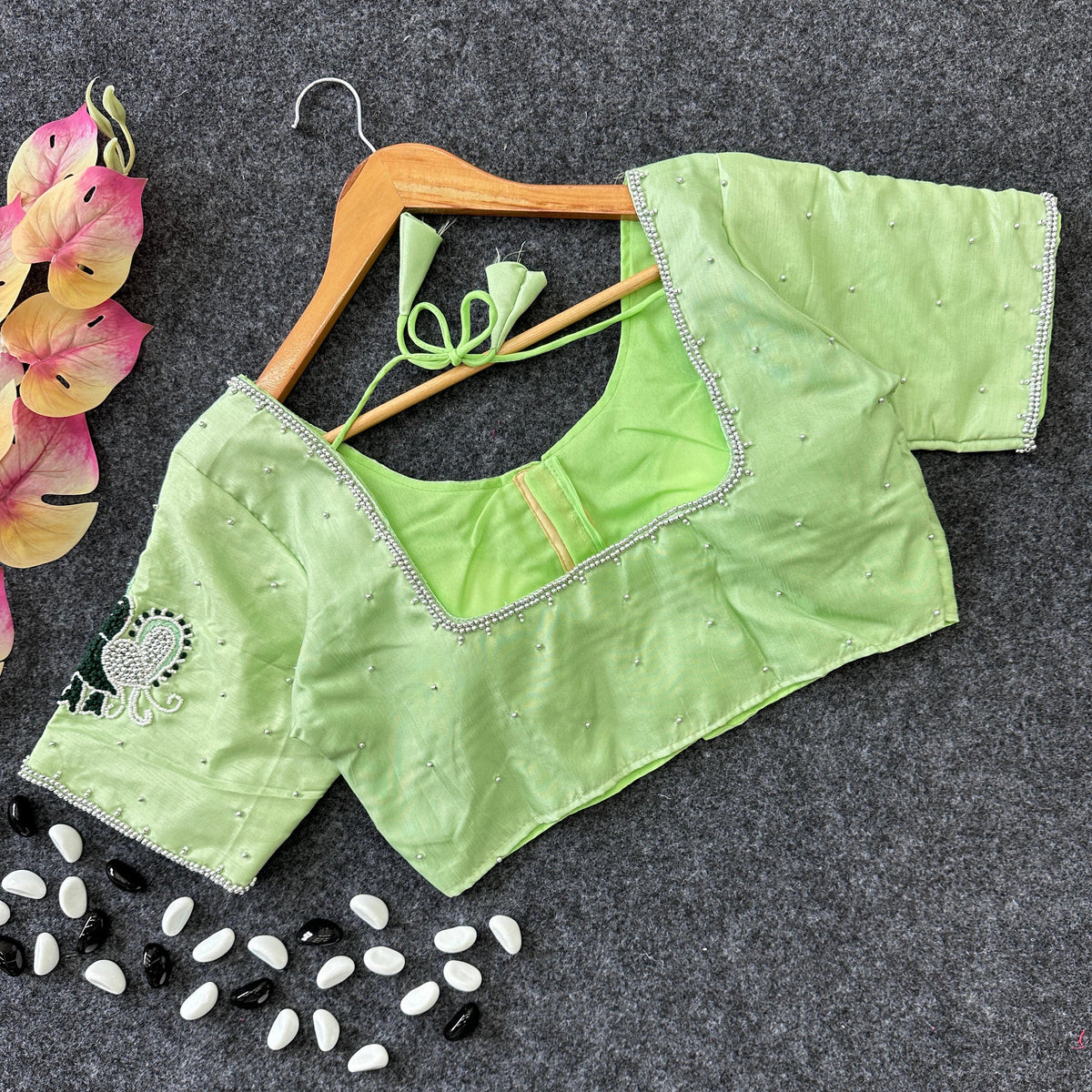Pista Green Party Wear Blouse in Lemon Silk with Elegant Handwork and Knot Design ClothsVilla.com Main image