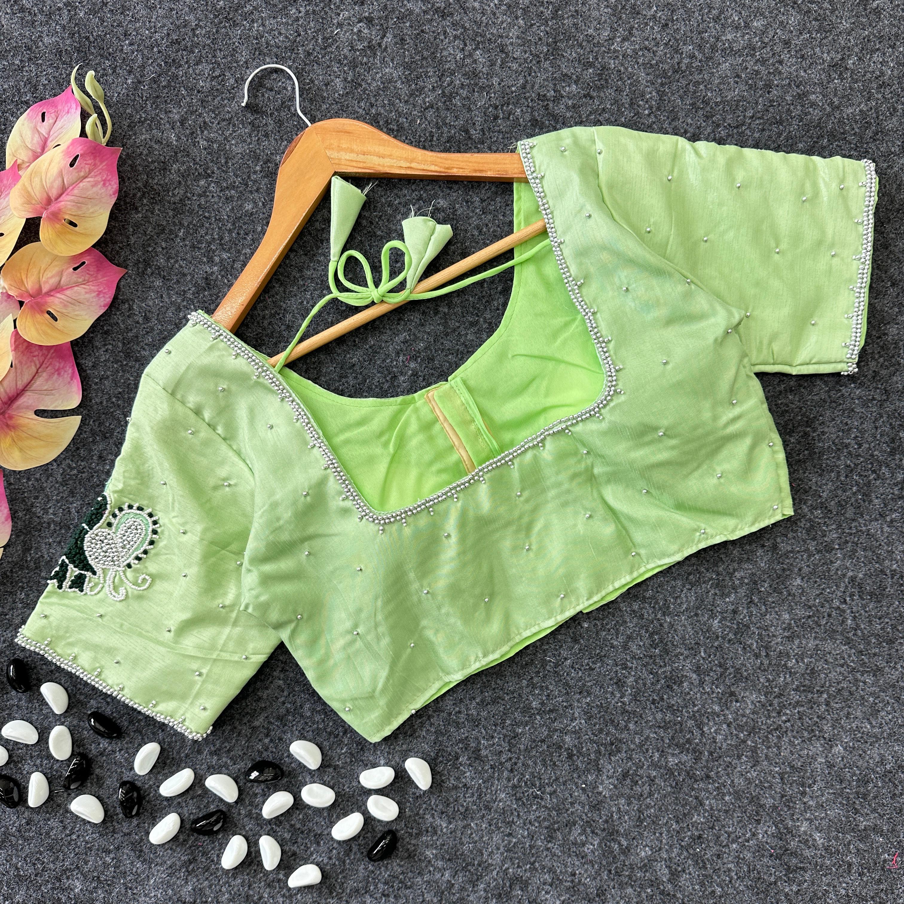 Pista Green Party Wear Blouse in Lemon Silk with Elegant Handwork and Knot Design ClothsVilla.com Main image