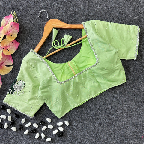 Pista Green Party Wear Blouse in Lemon Silk with Elegant Handwork and Knot Design ClothsVilla.com Main image
