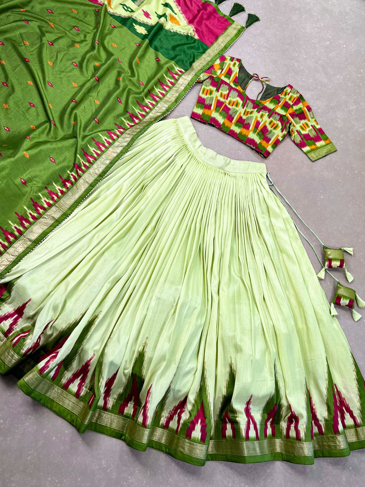 Luxurious Pista Green Printed Tussar Silk Lehenga Choli with Foil Work - Set of 3 ClothsVilla