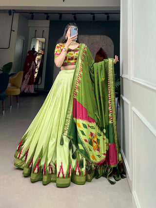 Luxurious Pista Green Printed Tussar Silk Lehenga Choli with Foil Work - Set of 3 ClothsVilla