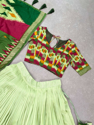 Luxurious Pista Green Printed Tussar Silk Lehenga Choli with Foil Work - Set of 3 ClothsVilla