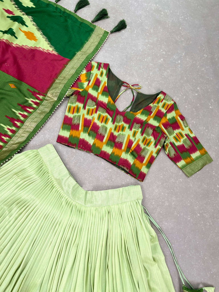 Luxurious Pista Green Printed Tussar Silk Lehenga Choli with Foil Work - Set of 3 ClothsVilla