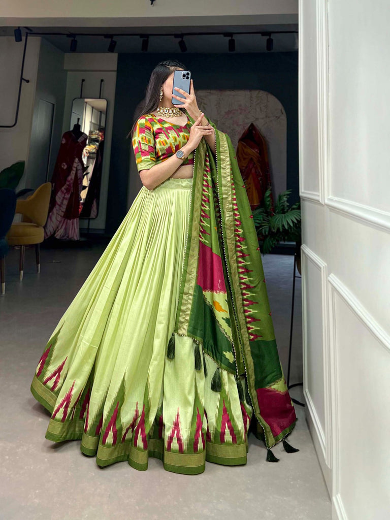 Luxurious Pista Green Printed Tussar Silk Lehenga Choli with Foil Work - Set of 3 ClothsVilla