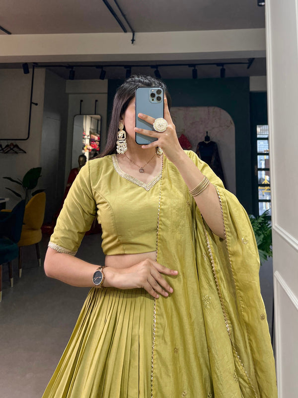 Pista Green Pure Chanderi Lehenga Choli Set with Zari Border & Sequin Dupatta ClothsVilla