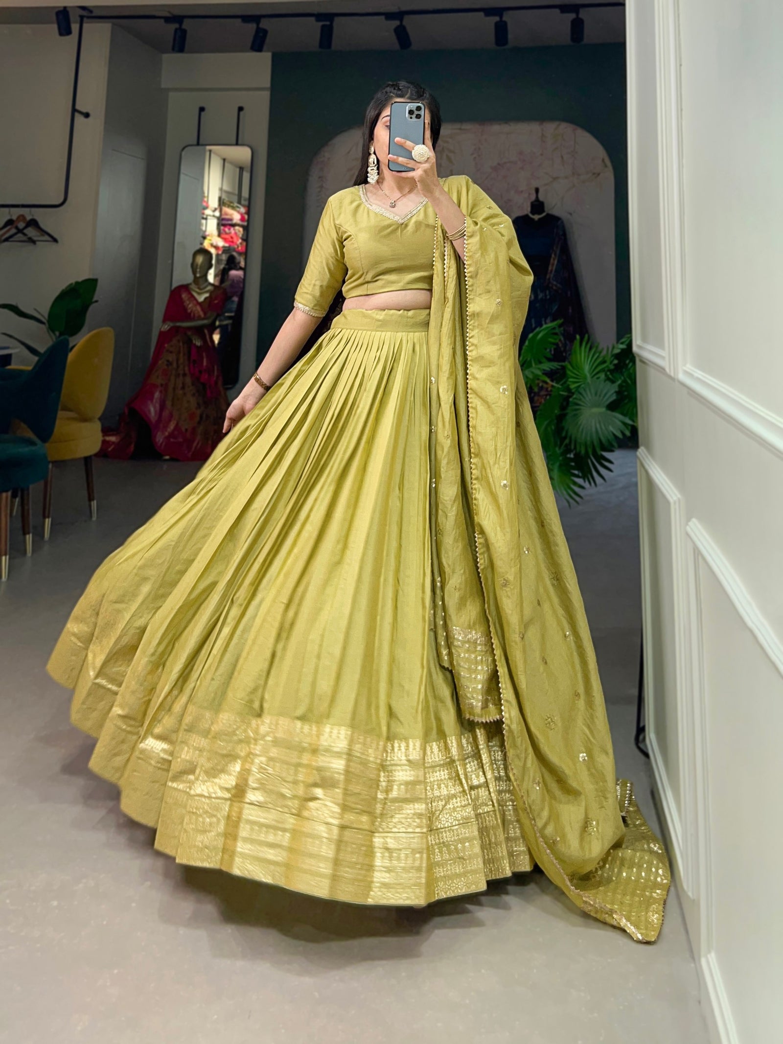 Pista Green Pure Chanderi Lehenga Choli Set with Zari Border & Sequin Dupatta ClothsVilla