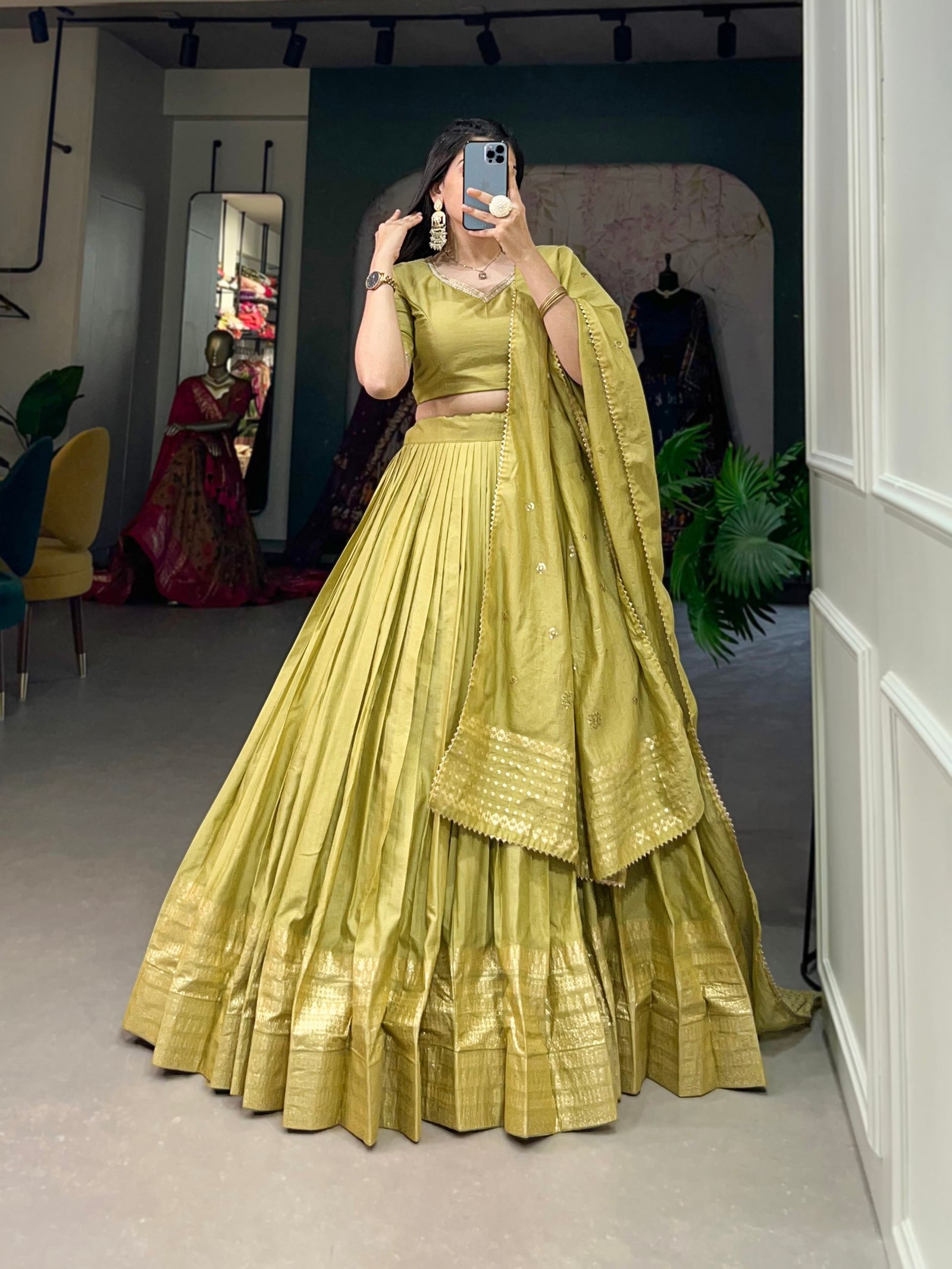 Pista Green Pure Chanderi Lehenga Choli Set with Zari Border & Sequin Dupatta ClothsVilla