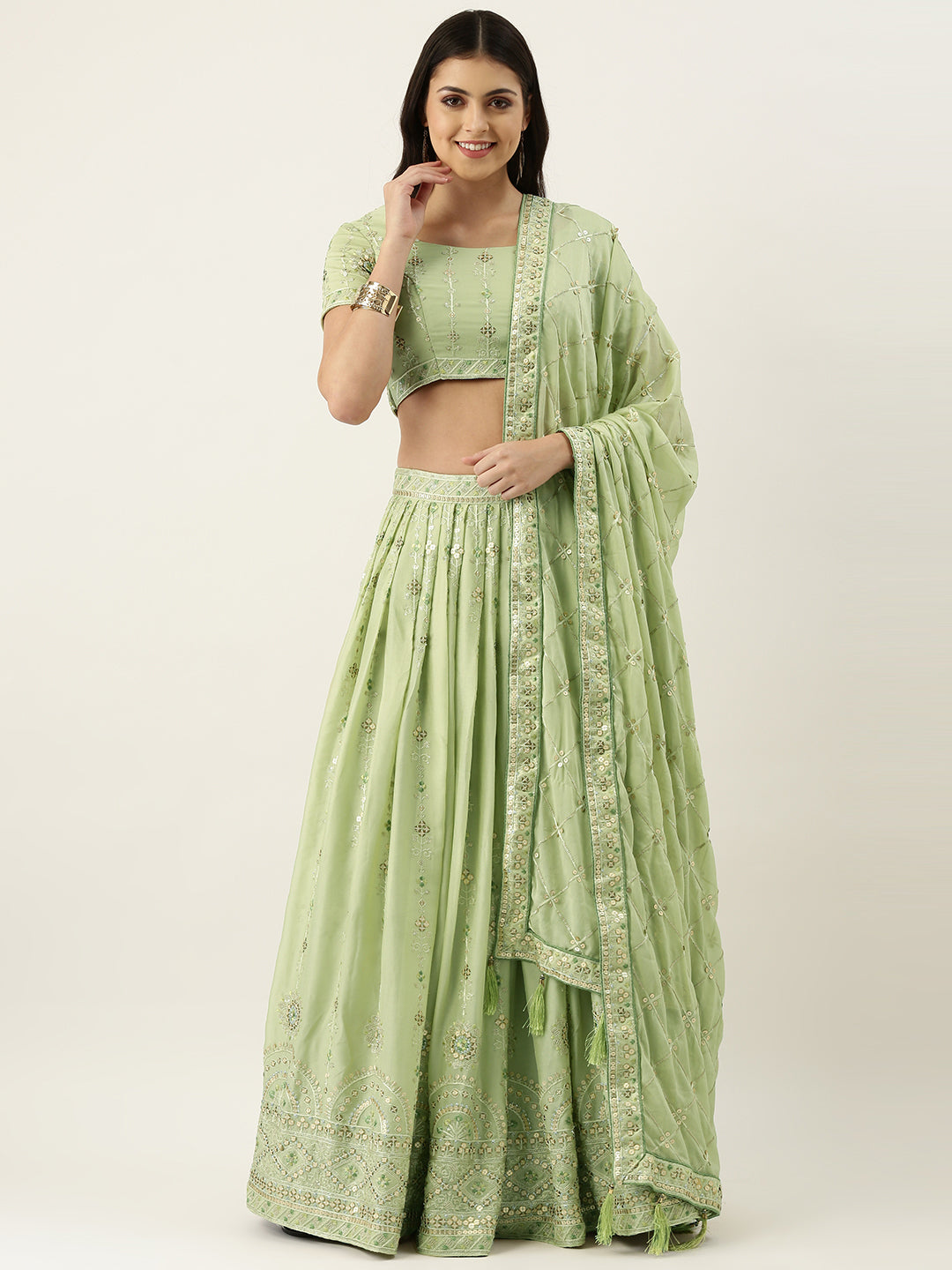 Pista Green Pure Georgette Embroidered Semi-Stitched Lehenga & Unstitched Blouse, Dupatta Clothsvilla Main image