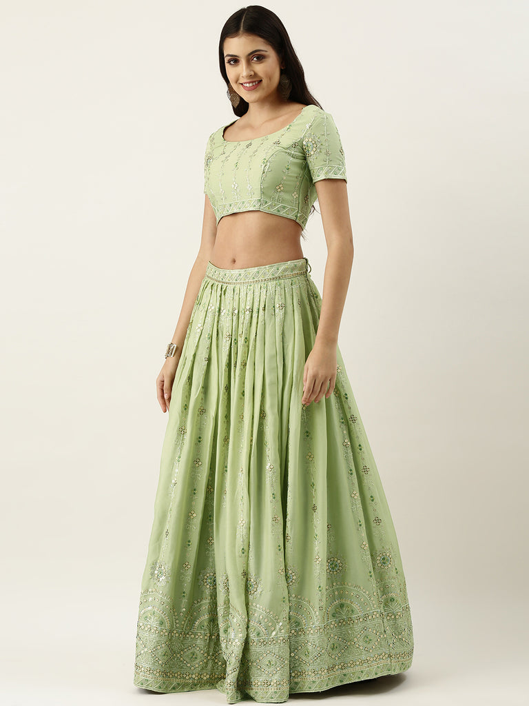 Pista Green Pure Georgette Embroidered Semi-Stitched Lehenga & Unstitched Blouse, Dupatta Clothsvilla